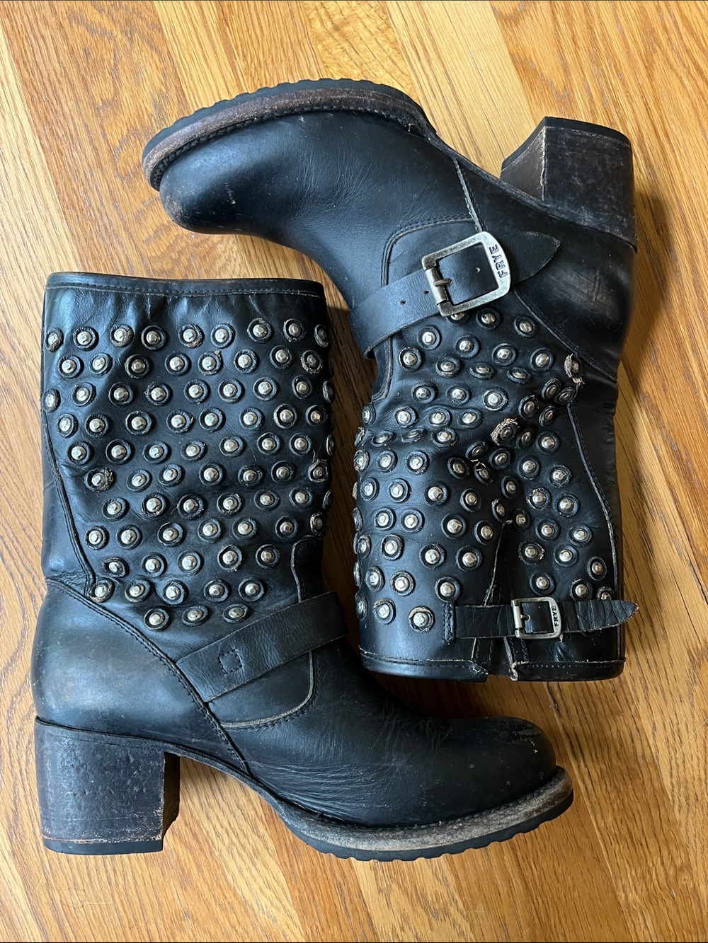 Frye Black Studded Leather Mid-Calf Buckle Boots